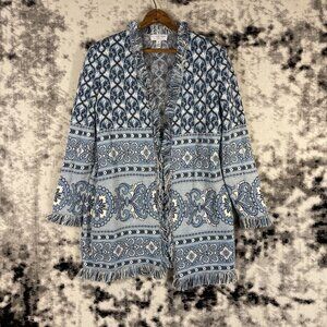 St‎ John Sport Marie Gray Cardigan Womens Size Medium Fringe Knit Wool